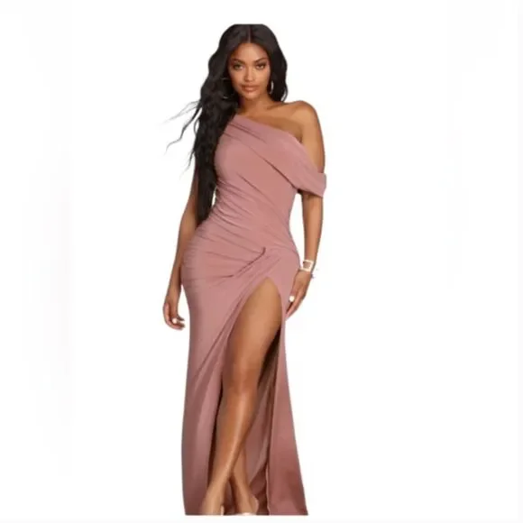 mauve pink formal dress Mauve Ruffle Prom Dresses Cape Sleeve Formal Dress 222125 – Viniodress main image 1